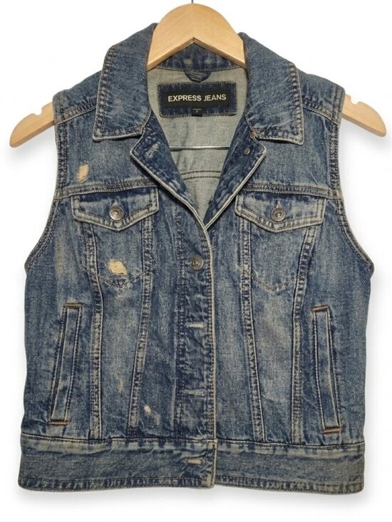 Express Jackets & Blazers - Express Jeans Distressed Denim Vest - Medium Wash Vintage Style - Small